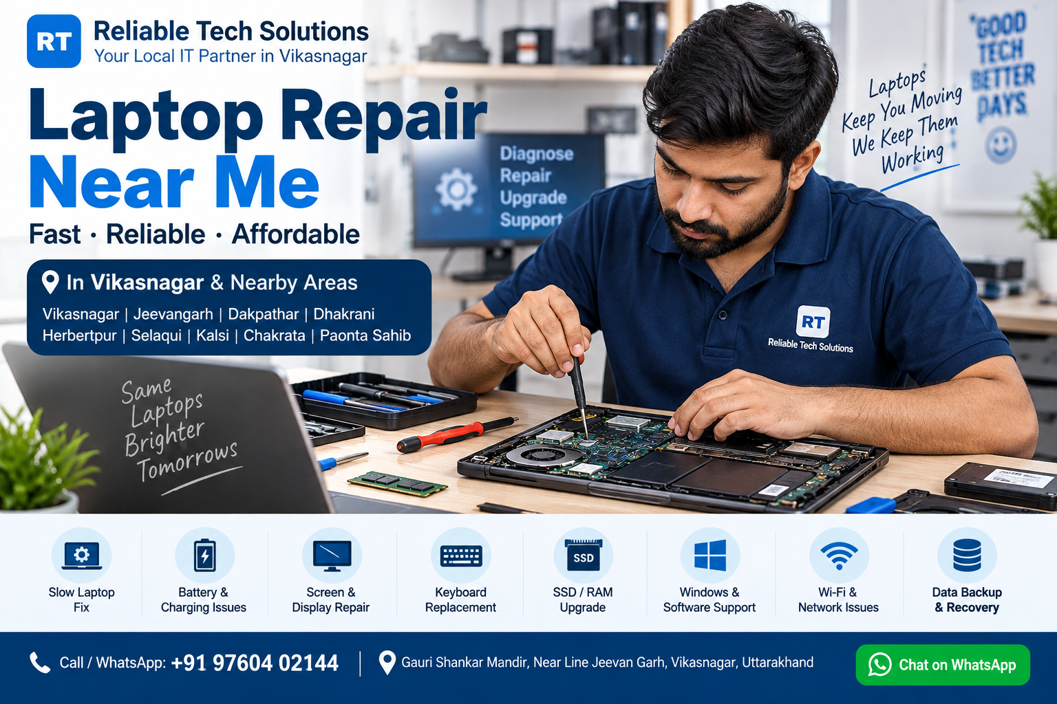 Laptop repair near me in Vikasnagar for laptop servicing, SSD RAM upgrades, charging, display and Windows problems